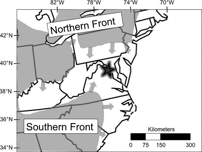 美国东部地图展示了大西洋中部地区的北部和南部的土狼群扩张融合