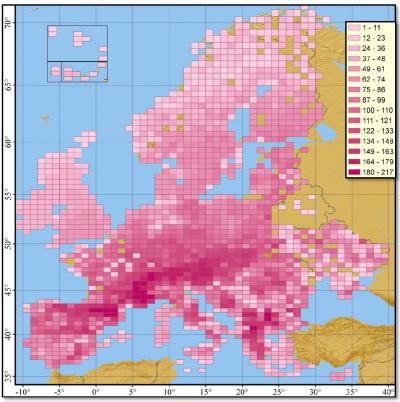 这种巧合图显示了所有欧洲蝴蝶物种的分布和浓度（多样性