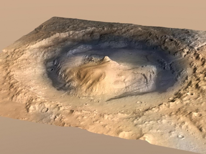 图像将高度数据从欧洲空间机构的MARS Express Orbiter上的高分辨率立体声相机组合，从NASA的Mars侦察轨道器上的上下文相机图像数据以及来自Viking Orbiter图像的颜色信息。