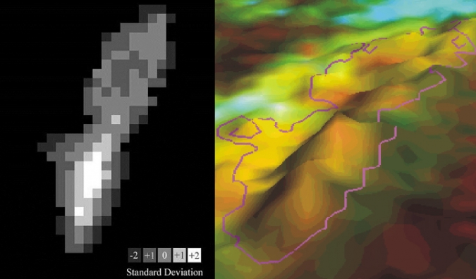 左：基于Landsat像素的地图，显示了在1984年至1996年间的Caryfort Reef上检测到最大变化的位置。右图：海拔脊柱显示在发生最大变化的情况下，对于Carysfort而言，这种变化与珊瑚衰退相关联