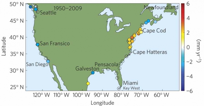 如您所见，海平面为每年毫米，西大西洋周围最多3毫米。圆圈编码以反映计算出的SLRD；没有颜色填充表示与零统计上不同的slrds
