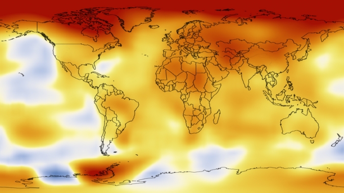 自1880年以来，地球的平均全球表面温度已升高.8摄氏度，现在以每十年的约1度摄氏度的速度增加。这张图片显示了2010年温度与1951-1980年基准期间的平均气温相比，由美国宇航局的戈达德航天研究所的科学家分析